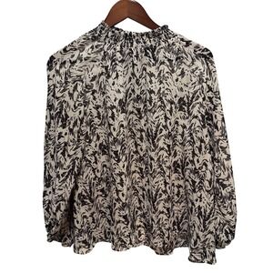 Grade & Gather Black Cream Abstract Smocked Mock Neck Blouse Small
